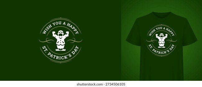 Saint Patricks Day greeting template with strong leprechaun. Vintage t-shirt print. Irish holiday retro badge vector illustration for festive celebration, pub party, fun event