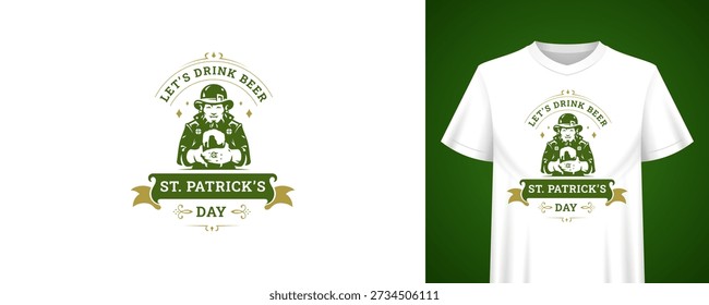 Saint Patricks Day greeting template with man drinking beer. Vintage t-shirt print design. Irish holiday retro badge vector illustration for festive celebration, pub bar, lucky decor