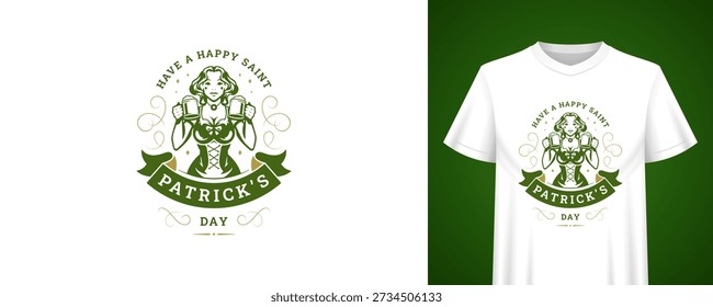Saint Patricks Day greeting template with beautiful woman holding beer mugs. Vintage t-shirt print design. Irish holiday retro badge vector illustration for festive celebration, pub bar party