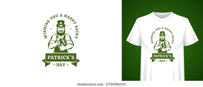 Saint Patricks day greeting template with leprechaun. Vintage t-shirt print design. Irish holiday retro badge vector illustration for festive celebration, beer party, pub bar, lucky decor