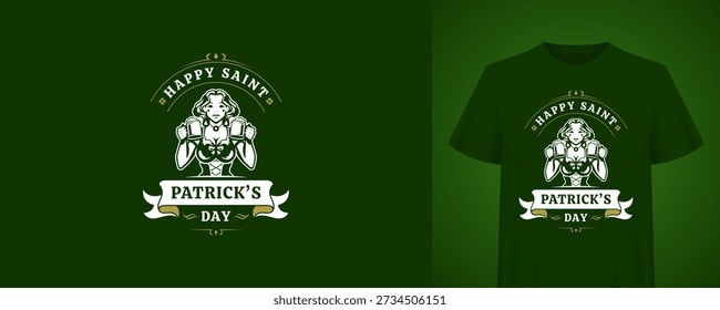 Saint Patricks Day greeting template with woman holding beer mugs. Vintage t-shirt print. Irish holiday retro badge vector illustration for festive celebration, pub bar, alcohol party