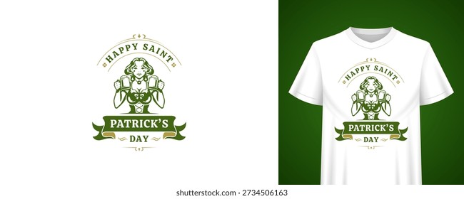 Saint Patricks Day greeting template with woman holding beer mugs. Vintage t-shirt print. Irish holiday retro badge vector illustration for festive celebration, pub bar, alcohol party