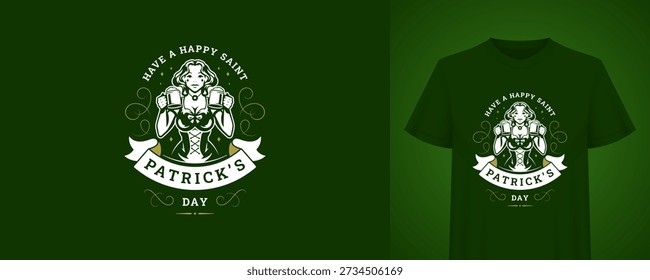Saint Patricks Day greeting template with beautiful woman holding beer mugs. Vintage t-shirt print design. Irish holiday retro badge vector illustration for festive celebration, pub bar party