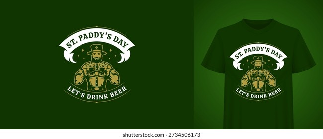 Saint Patricks Day greeting template with strong man holding beer mugs. Vintage t-shirt print design. Irish holiday retro badge vector illustration for festive celebration, pub bar, alcohol party