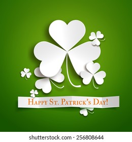 Saint Patrick's day greeting vector card, realistic paper shamrock leaves