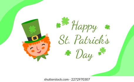 Saint Patrick's Day greetings card with clover shapes, leprechaun and lettering. Funny Irish character isolated on white background.