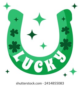 Saint Patricks Day greetings card with green horseshoe and vector lettering background