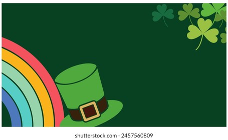 Tarjeta de felicitación del Día de San Patricio con hoja de trébol, un sombrero de duende, un trébol, una olla de monedas de oro, un arco iris, sobre un fondo verde oscuro. Ilustración vectorial.