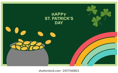 Tarjeta de felicitación del Día de San Patricio con hoja de trébol, un sombrero de duende, un trébol, una olla de monedas de oro, un arco iris, sobre un fondo verde oscuro. Ilustración vectorial.