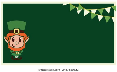 Tarjeta de felicitación del Día de San Patricio con hoja de trébol, un sombrero de duende, un trébol, una olla de monedas de oro, un arco iris, sobre un fondo verde oscuro. Ilustración vectorial.