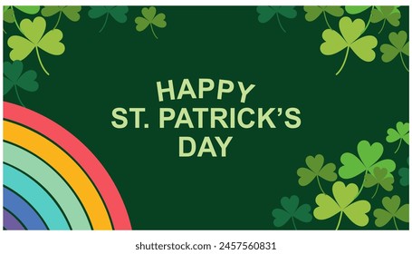 Saint Patrick's Day greetings card with clover leaf a leprechaun hat, a shamrock, a pot of gold coins, a rainbow, on a dark green background. Vector illustration.