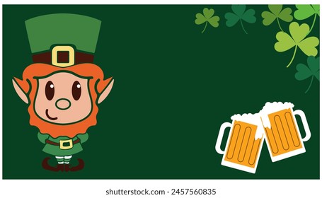 Tarjeta de felicitación del Día de San Patricio con hoja de trébol, un sombrero de duende, un trébol, una olla de monedas de oro, un arco iris, sobre un fondo verde oscuro. Ilustración vectorial.