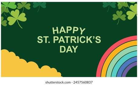 Tarjeta de felicitación del Día de San Patricio con hoja de trébol, un sombrero de duende, un trébol, una olla de monedas de oro, un arco iris, sobre un fondo verde oscuro. Ilustración vectorial.