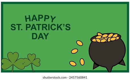 Tarjeta de felicitación del Día de San Patricio con hoja de trébol, un sombrero de duende, un trébol, una olla de monedas de oro, un arco iris, sobre un fondo verde oscuro. Ilustración vectorial.