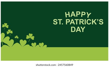 Saint Patrick's Day greetings card with clover leaf a leprechaun hat, a shamrock, a pot of gold coins, a rainbow, on a dark green background. Vector illustration.