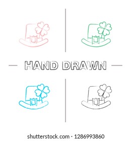 Saint Patrick's Day hand drawn icons set. March 17th. Leprechaun hat with four leaf clover. Color brush stroke. Isolated vector sketchy illustrations