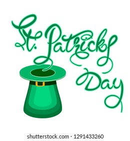 Saint Patrick`s day handwritten lettering typography on white background. Holiday background with hat and calligraphic text. Ideal for greeting card, poster and web template. Vector illustration