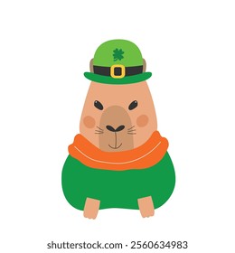 Saint Patrick's Day happy capybara. Fun patrick character in leprechaun hat. Saint Patrick's Day concept. Vector illustration.