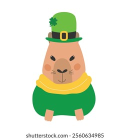 Saint Patrick's Day happy capybara. Fun patrick character in leprechaun hat. Saint Patrick's Day concept. Vector illustration.