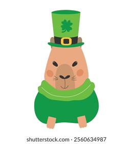 Saint Patrick's Day happy capybara. Fun patrick character in leprechaun hat. Saint Patrick's Day concept. Vector illustration.