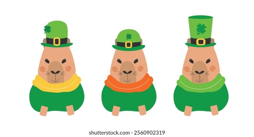 Saint Patrick's Day happy capybara set. Fun patrick character in leprechaun hat. Saint Patrick's Day concept. Vector illustration.