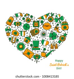 Saint Patrick's Day heart shaped invitation, greeting card, flyer, leaflet, banner with color line symbols: shamrock, hat, ale, flag, horseshoe. Love Ireland and St Patrick Day vector illustration. 