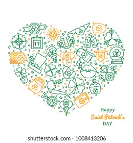 Saint Patrick's Day heart shaped invitation, greeting card, flyer, leaflet, banner with thin line icons: shamrock, hat, ale, flag, horseshoe. Love Ireland and St Patrick Day vector illustration. 