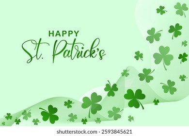 Saint Patrick's Day holiday banner with green shamrocks flying on a light green background. Happy St. Patrick's Day greetings. Vector illustration