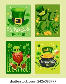 Saint Patricks Day holiday cards collection, party flyer and brochure concept. Leprechaun, hat, shamrock, pot with golden coins on green background. Vector illustration.