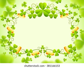 Saint Patricks Day holiday frame with green clover leaves and gold coin to day. Vector illustration. Transparent objects used for lights shadows drawing