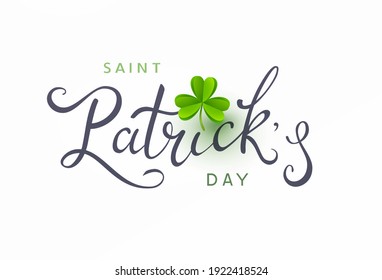 Saint Patrick's Day holiday greeting card and paper shamrock flying leaf background. Green irish symbol Good Luck banner. Vector clover pattern with lettering