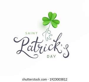 Saint Patrick's Day holiday greeting card and paper shamrock flying leaf background. Green irish symbol Good Luck banner. Vector clover pattern with lettering