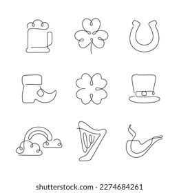 Saint Patrick's Day holiday icons. One line illustration collection. Editable stroke.