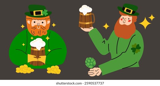 Saint Patrick's day holiday. Irish mythology Leprechaun cartoon character. Joyful leprechauns in a green suit with a beer, coins and hop. Hand drawn vector illustration in retro style