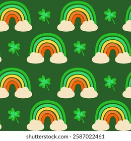 Saint Patrick's day holiday seamless pattern. Hand drawn collection of cute elements, rainbow, clover, leprechaun, pot of gold coin, beer. Irish holiday, flat vector