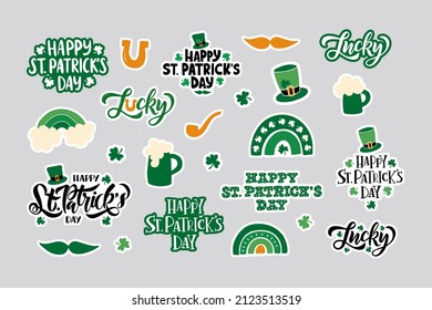 Saint Patrick's day holiday stickers. Hand drawn celebration lettering quote with shamrock, rainbow, hat vector illustration. Symbol Irish beer festival. Lucky saying.