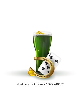 Saint Patricks day . Holidays, celebration and st patricks day concept - glass of green beer with foam, green bottle, horseshoe and gold coins  and playing card 7 on table.
