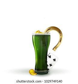 Saint Patricks day . Holidays, celebration and st patricks day concept - glass of green beer with foam, green bottle, horseshoe and gold coins  and playing card 7 on table.
