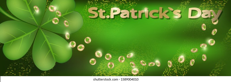 Saint Patrick's day horizontal background with lettering, gold coins and  clover leaf on a green background. Great for greeting card, poster and web template, header for website. Vector illustration