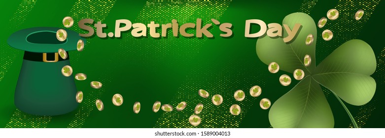 Saint Patrick's day horizontal background with lettering, gold coins, hat and  clover leaf on a green background. Great for greeting card, poster and web template, header for website. Vector