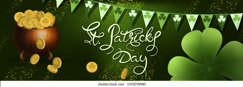 Saint Patrick's day horizontal background with lettering, treasure pot with gold coins, clover leaf on a green background. Great for greeting card, poster and web template, header for website. Vector