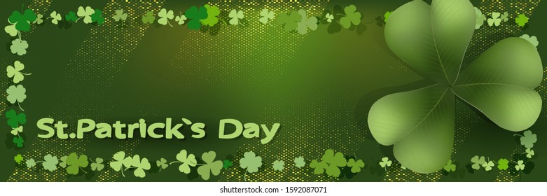 Saint Patrick's day horizontal background with lettering, clover leaf frame, large clover leaf on green background. Great for greeting card, poster and web template, header for website. Vector