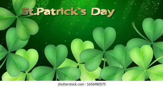 Saint Patrick's day horizontal background with lettering, clover leaf frame on green background. Great for greeting card, poster and web template, header for website. Vector