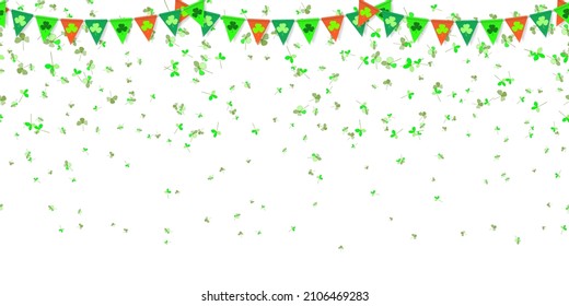 Simpatizantes Día de fondo horizontal con hojas de trébol, guirnaldas de banderas con símbolos de shamrock en fondo blanco. Decoración irlandesa para tarjetas de felicitación, afiche y web, sitio web. Ilustración del vector