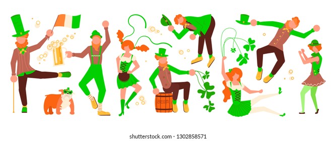 Saint Patrick's Day Horizontal banner template. Cute cartoon leprechauns holding mugs of beer dancing. Flat Art Vector illustration