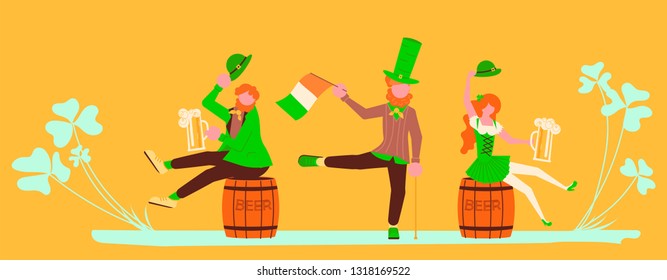 Saint Patrick's Day Horizontal banner template. Cute cartoon leprechauns holding mugs of beer dancing. Flat Art Vector illustration