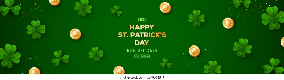 Saint Patrick's Day horizontal banner with clover leaves and golden coins on green background. Place for text. Vector illustration.