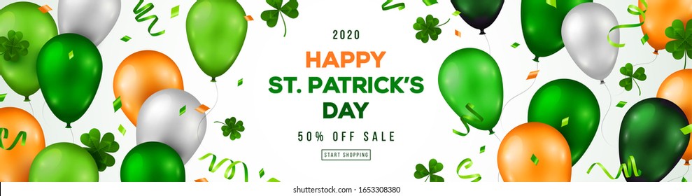 Saint Patrick's Day horizontal banner with irish colored balloons on white background. Confetti, clover and place for text. Vector illustration.