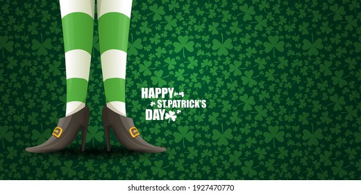 Saint Patricks day horizontal banner with cartoon leprechaun girls legs with green striped stocking on green background with clovers. Saint Patrick day web banner or poster design template with girl