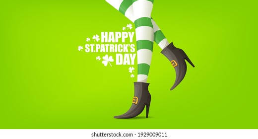 Saint Patricks day horizontal banner with cartoon leprechaun girls legs with green striped stocking on bright green background. Saint Patrick day web banner or poster design template with girl
